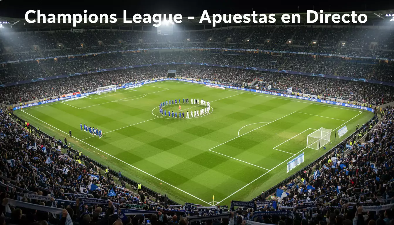 Estadio de fútbol europeo iluminado por focos durante un partido nocturno de Champions League