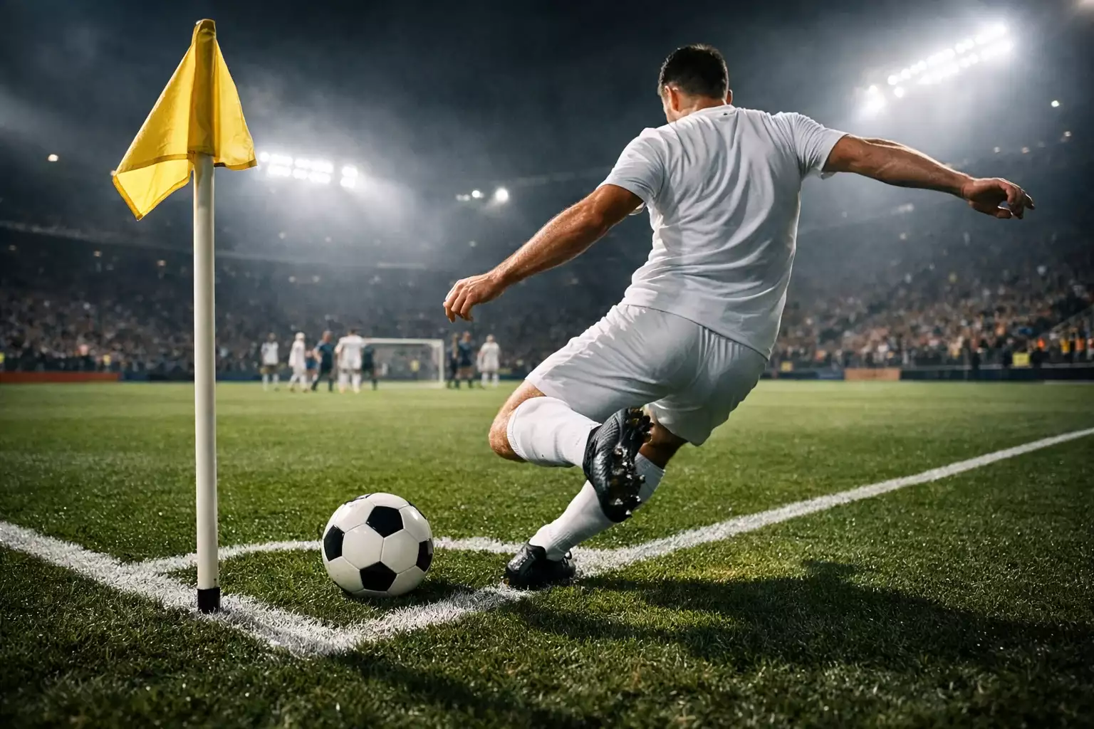 Jugador de fútbol lanzando un saque de esquina en un estadio iluminado bajo los focos nocturnos