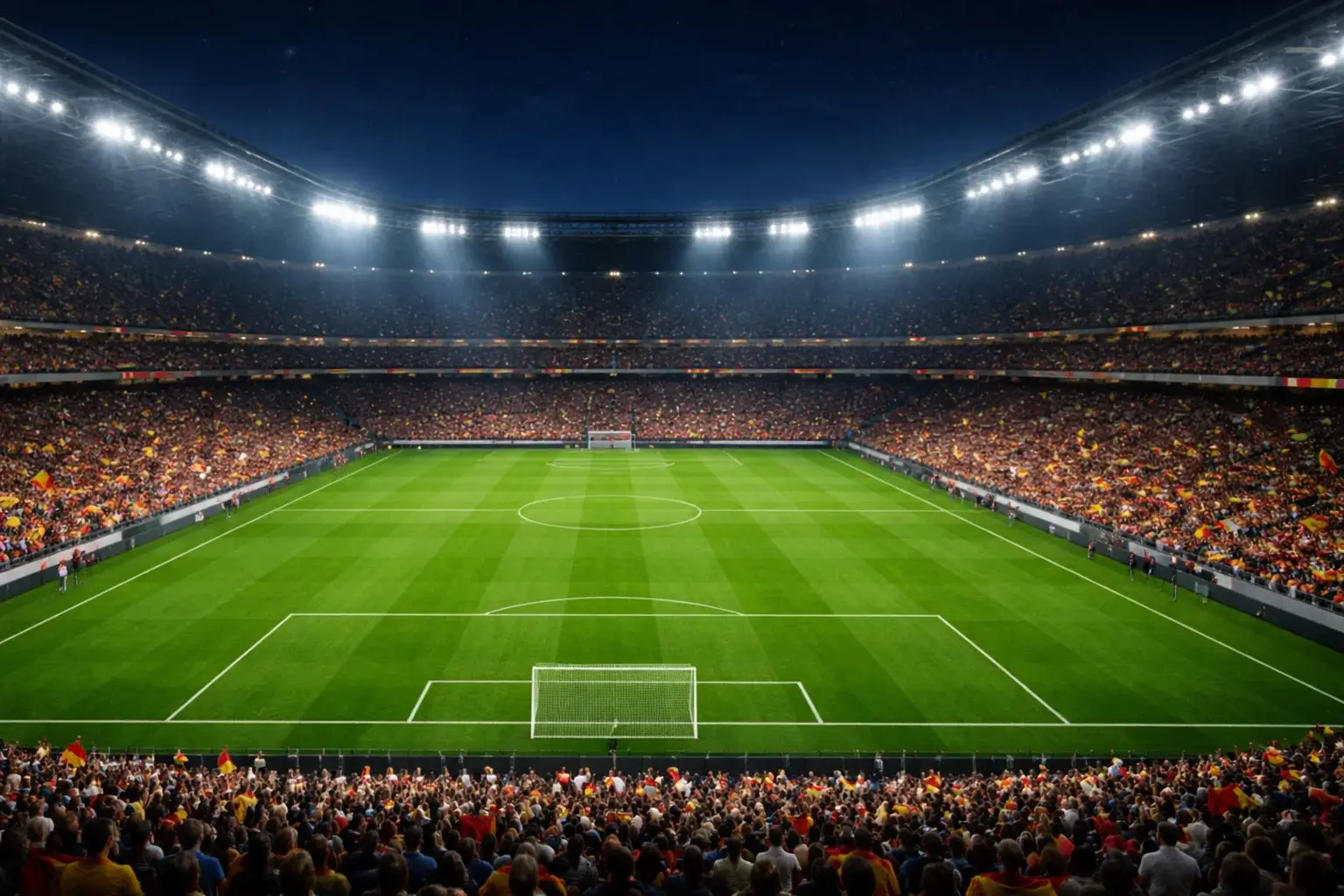 Estadio de fútbol iluminado durante un partido nocturno con aficionados en las gradas