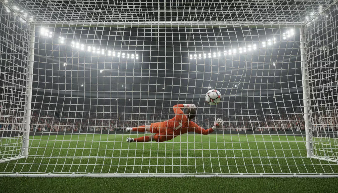 Balón de fútbol entrando en la portería en un estadio lleno de espectadores durante un partido nocturno