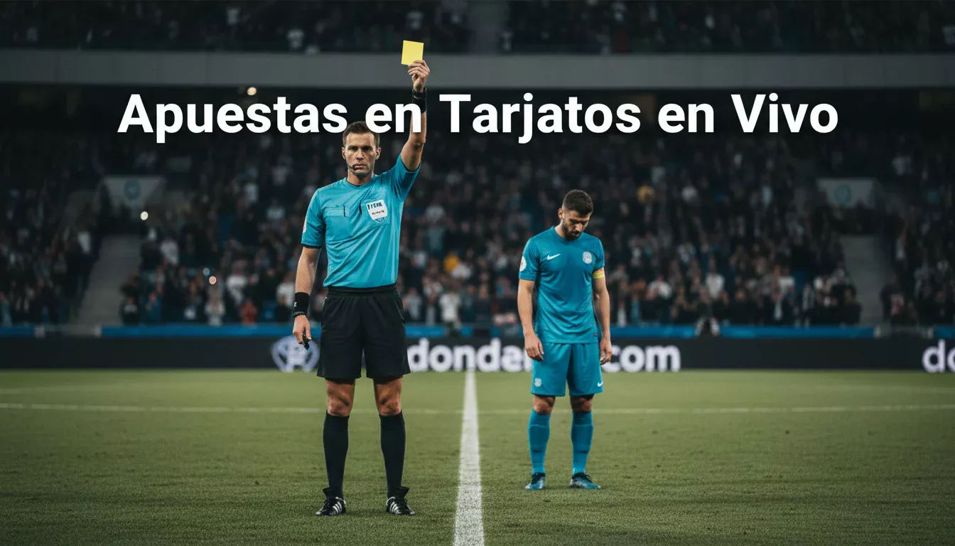 Árbitro de fútbol mostrando una tarjeta amarilla a un jugador durante un partido en un estadio lleno