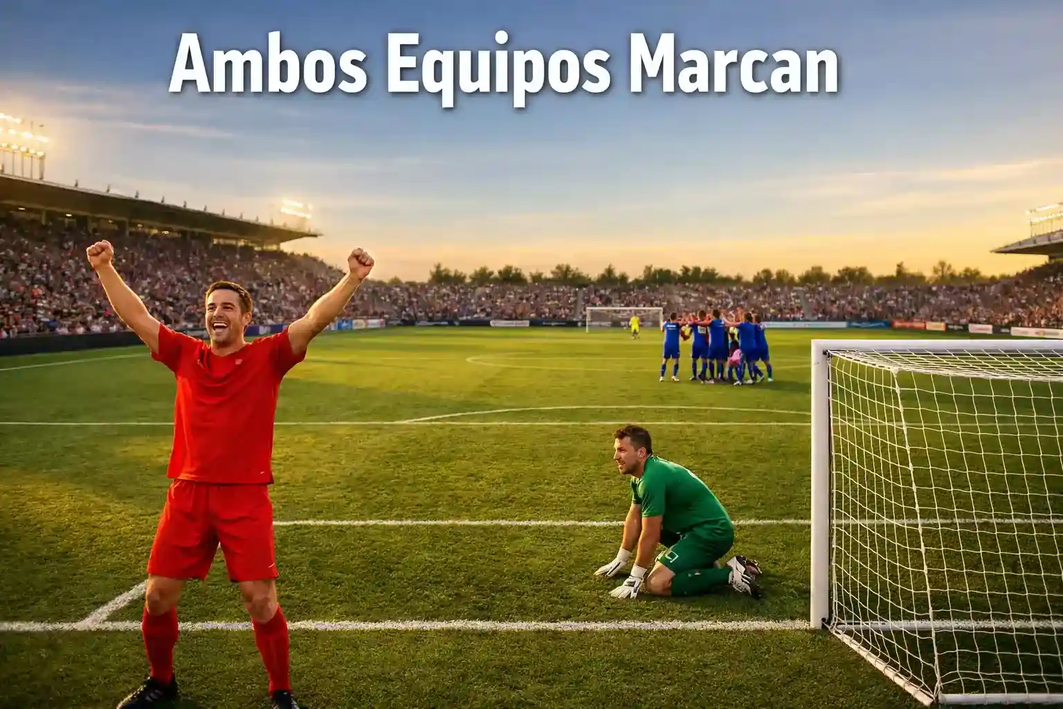 Dos equipos de fútbol celebrando goles en extremos opuestos del campo