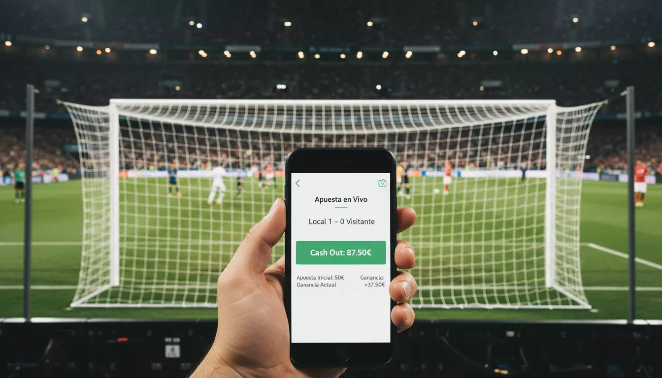Mano de un aficionado sosteniendo un teléfono móvil en la grada de un estadio de fútbol durante un partido en directo