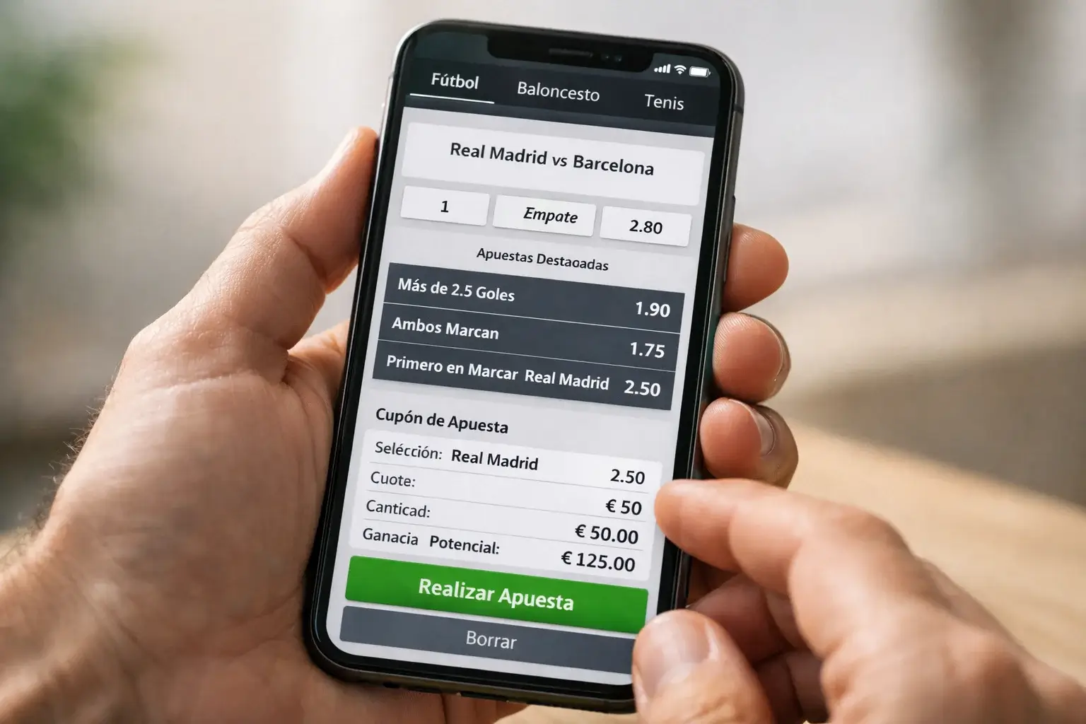 Manos sosteniendo un smartphone mostrando una aplicación de apuestas deportivas
