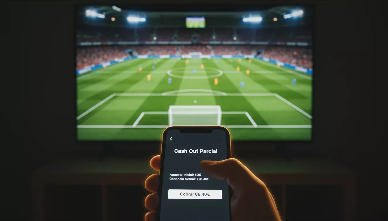 Mano de apostador sobre la pantalla de un móvil durante un partido de fútbol en directo