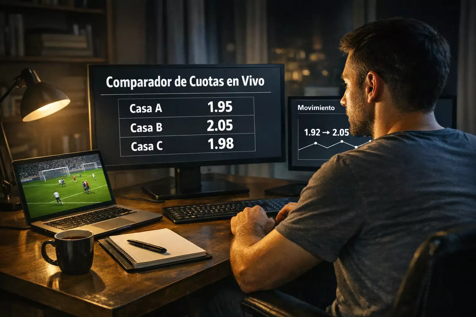 Apostador analizando cuotas en múltiples pantallas durante un partido de fútbol en vivo