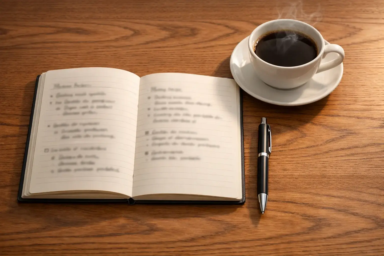 Bloc de notas con anotaciones y bolígrafo sobre una mesa junto a una taza de café