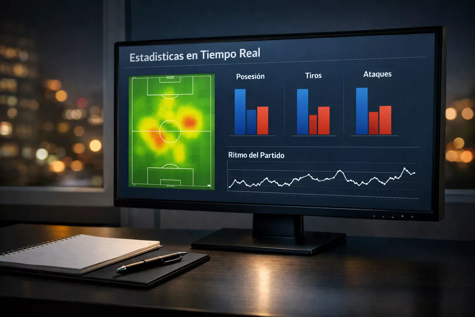 Pantalla de ordenador con datos estadísticos de un partido de fútbol en directo