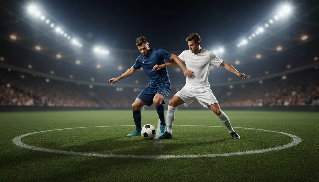 Jugadores de fútbol disputando un balón en un campo de césped natural bajo los focos de un estadio lleno de espectadores