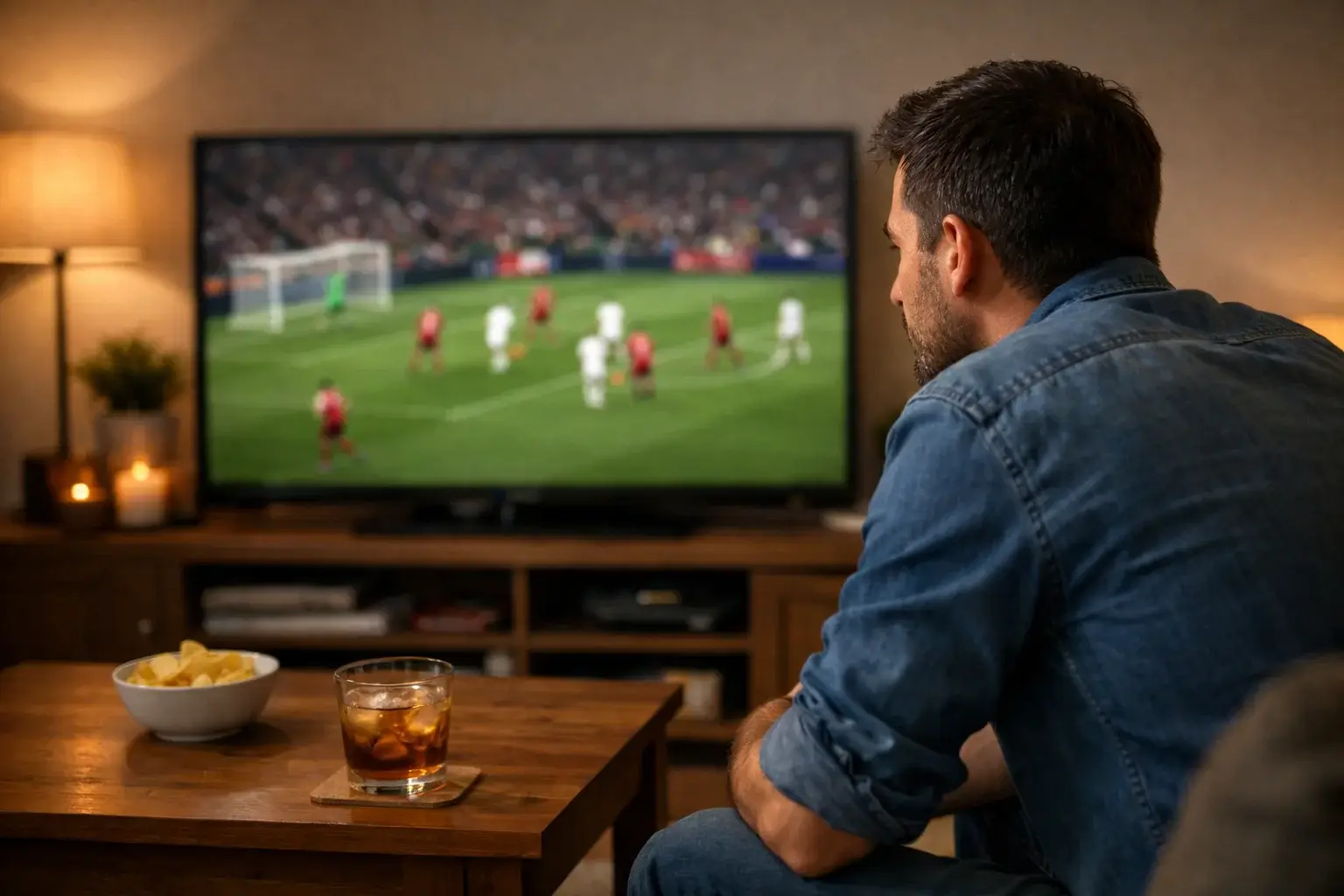 Aficionado concentrado viendo un partido de fútbol en televisión desde su sala