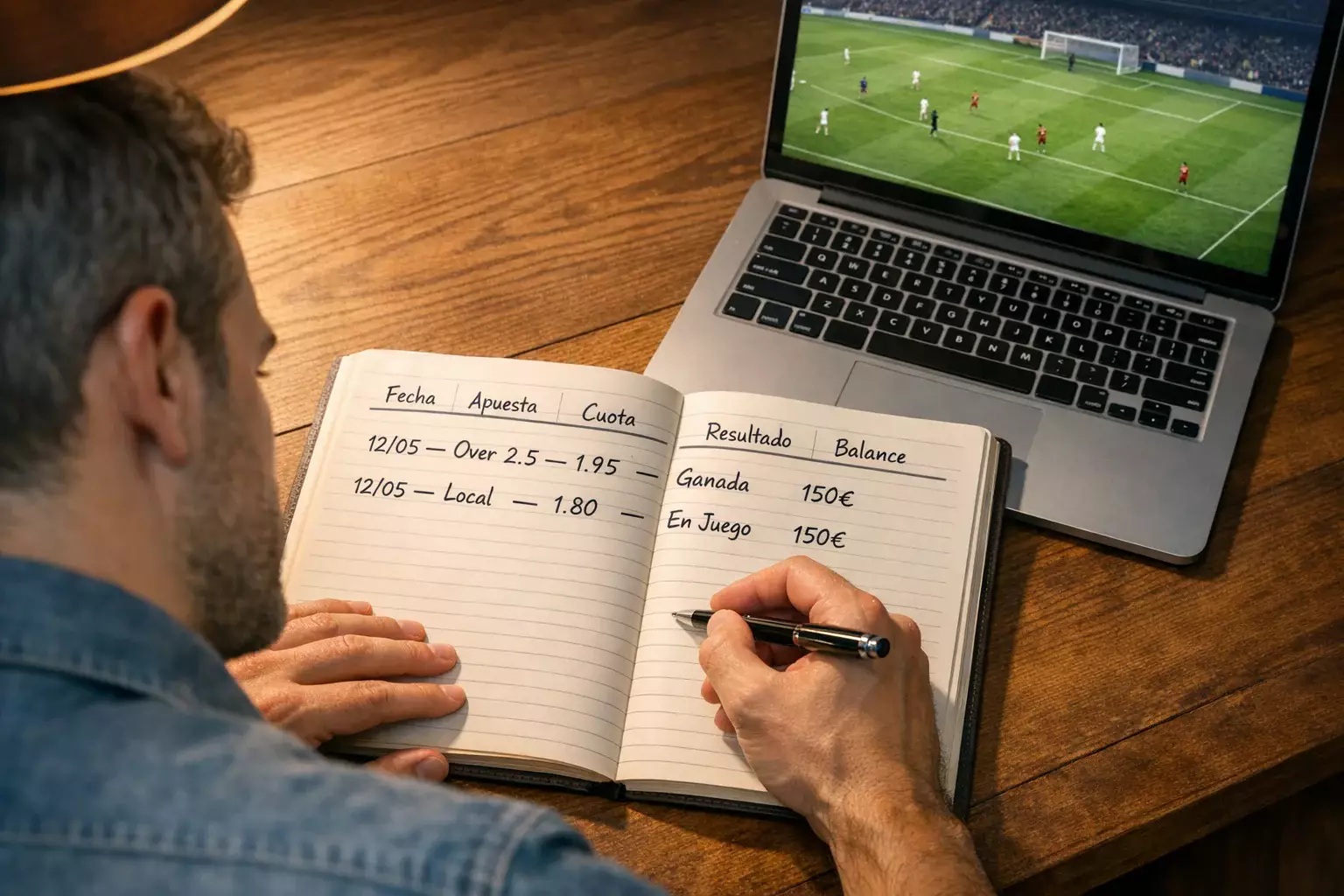 Apostador concentrado revisando su registro de apuestas en un cuaderno junto a una pantalla con un partido de fútbol