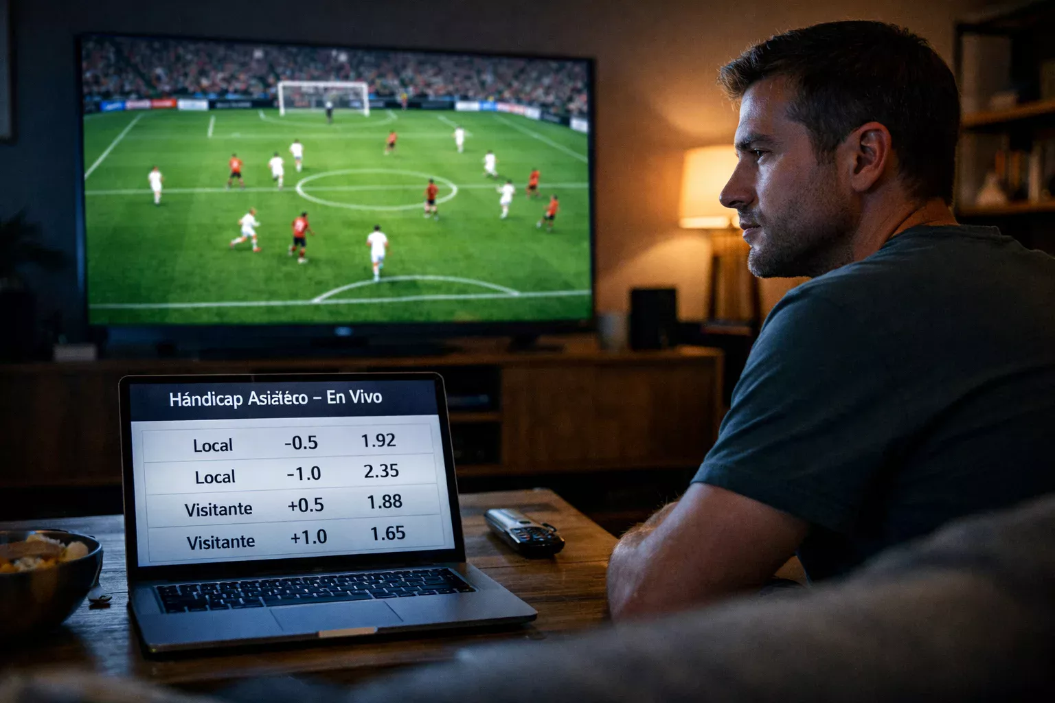 Partido de fútbol en directo con líneas de hándicap asiático en pantalla de apuestas