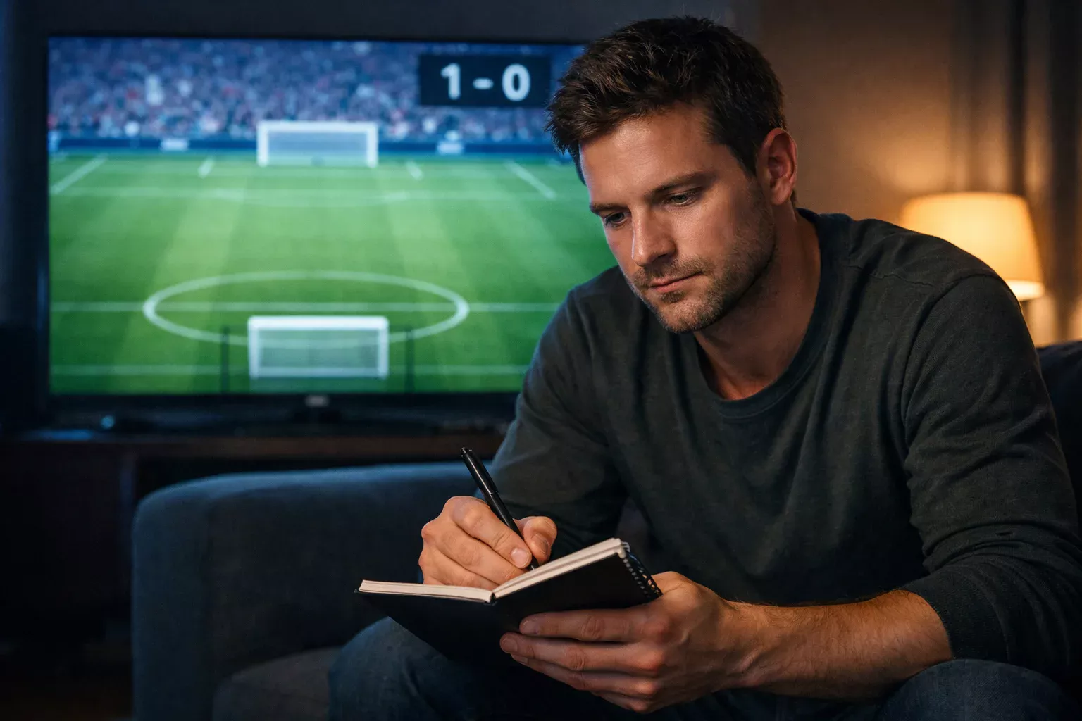 Apostador analizando una cobertura de apuesta en vivo durante un partido de fútbol