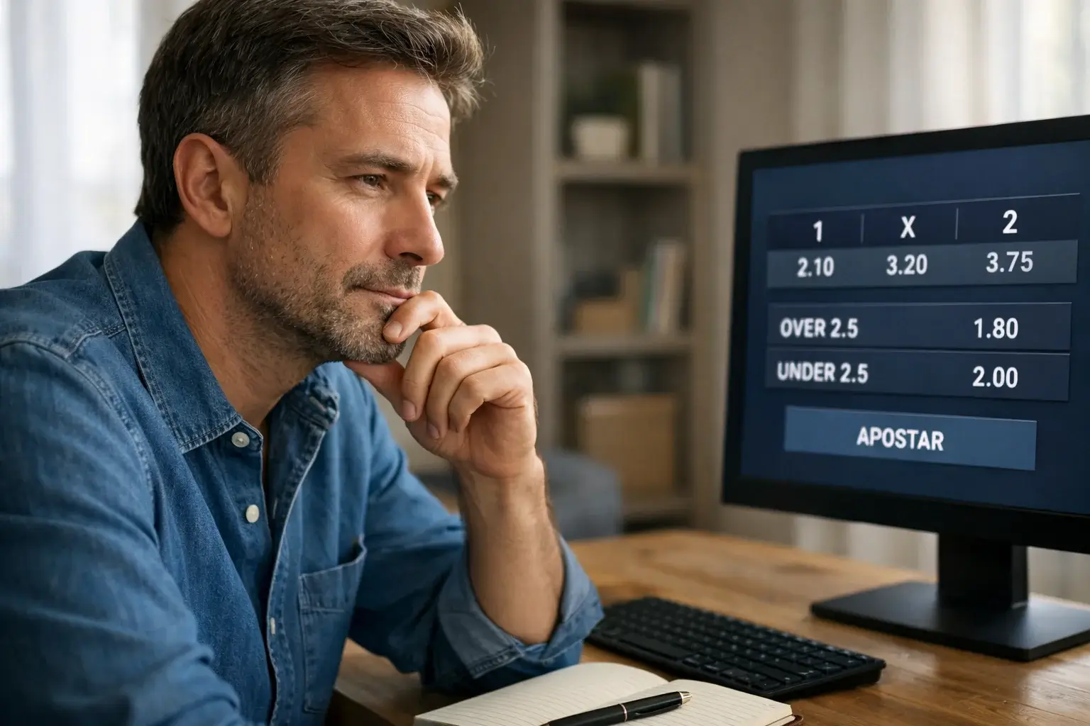 Hombre reflexionando frente a su ordenador antes de realizar una apuesta