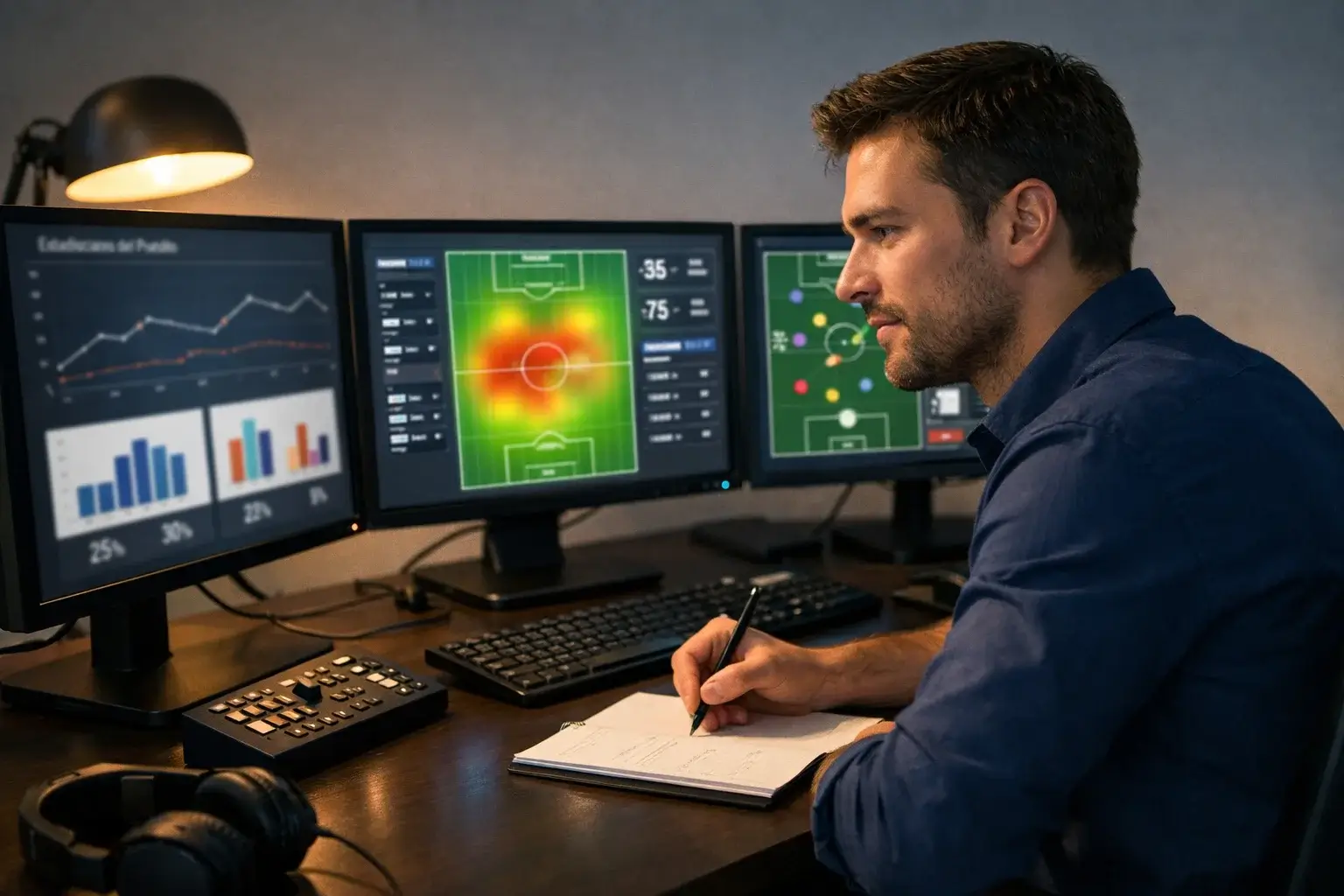 Analista observando múltiples pantallas con estadísticas de fútbol en tiempo real