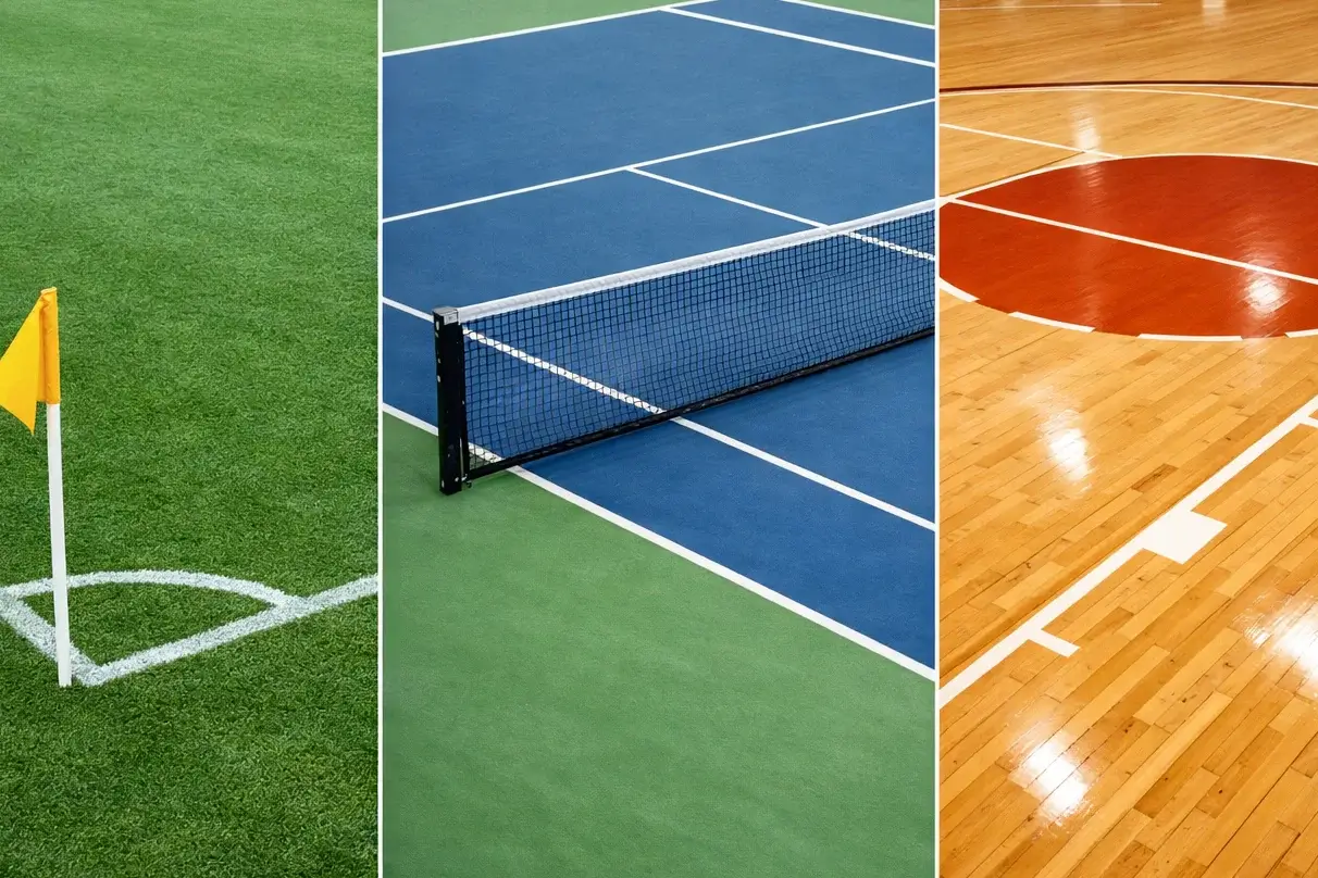 Collage de deportes: campo de fútbol, cancha de tenis y pista de baloncesto