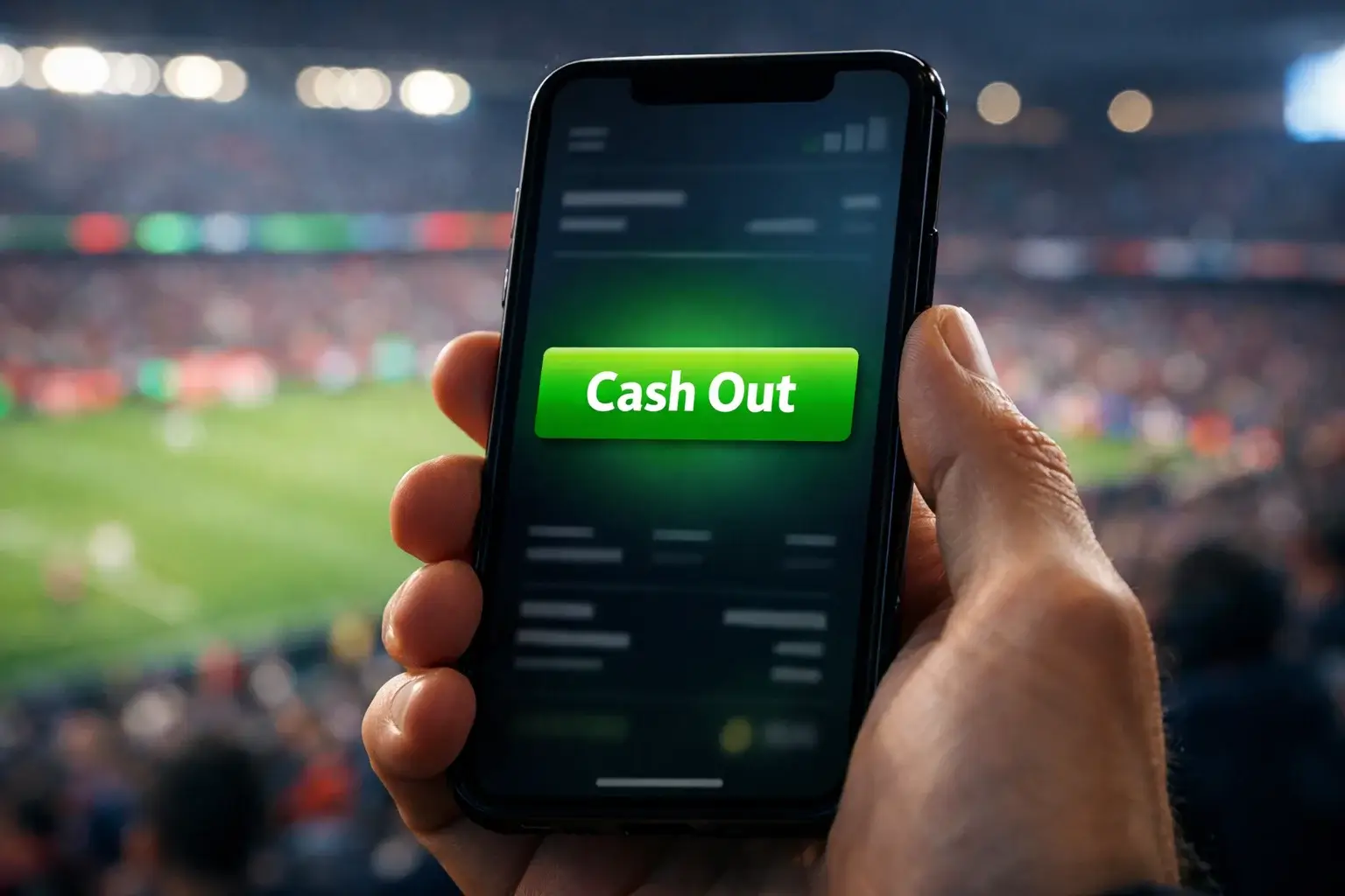 Mano de apostador pulsando botón de cobro anticipado en pantalla de móvil durante partido