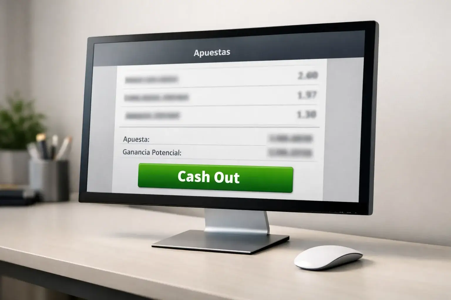 Pantalla de ordenador mostrando interfaz de apuestas con opción de cash out destacada