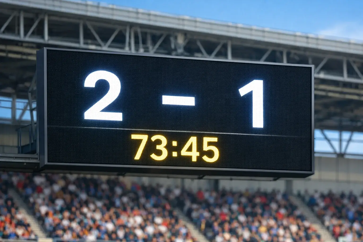 Marcador electrónico de estadio de fútbol mostrando resultado parcial del partido
