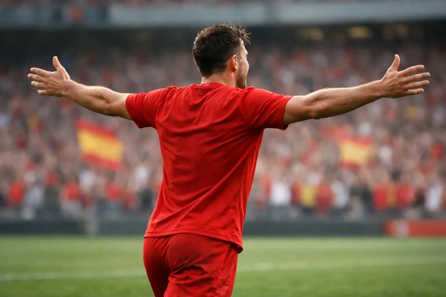 Delantero de fútbol celebrando gol con los brazos abiertos frente a la portería