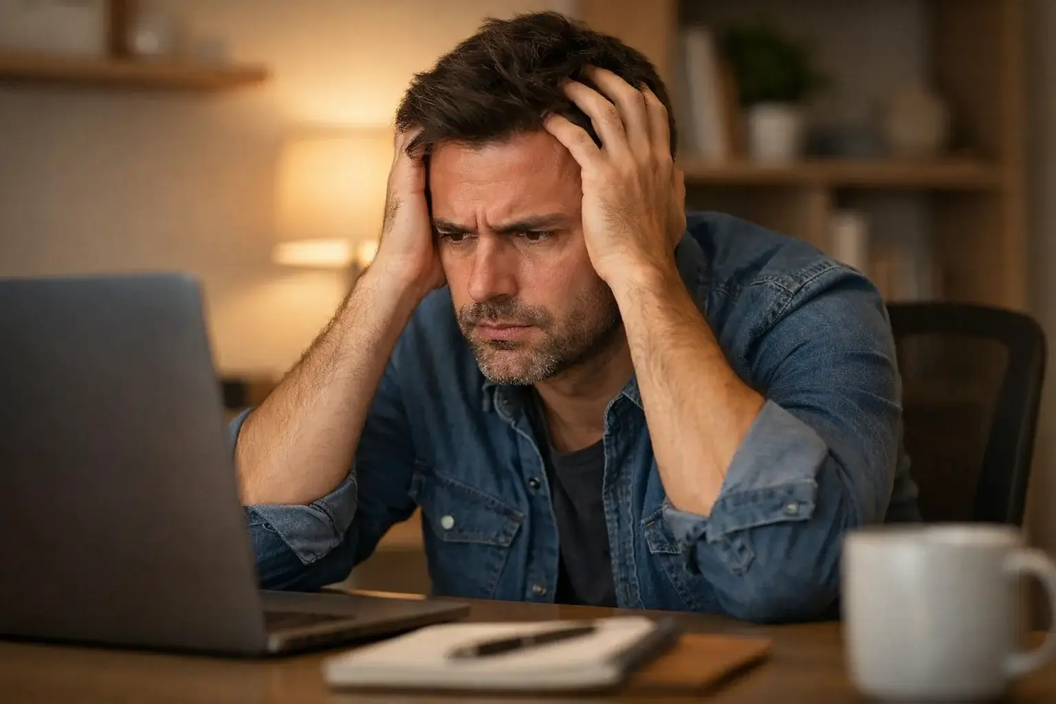 Hombre frustrado con las manos en la cabeza mirando pantalla de ordenador