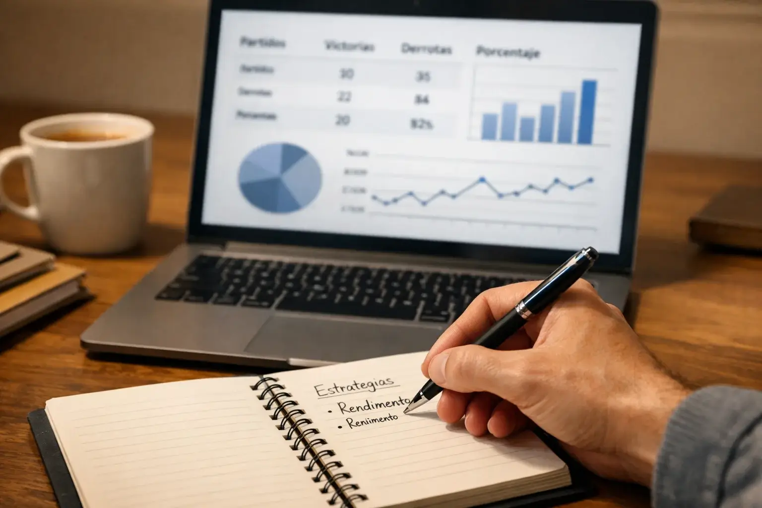 Persona tomando notas en bloc mientras analiza estadísticas de fútbol en laptop