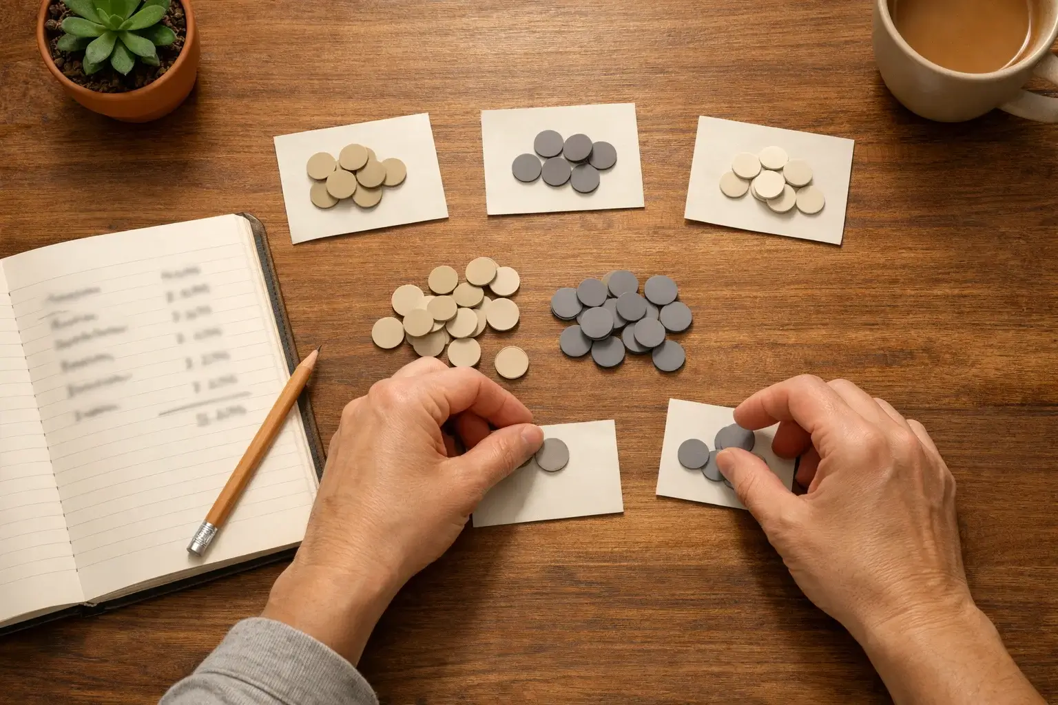 Manos organizando fichas y billetes simbólicos sobre mesa con bloc de notas