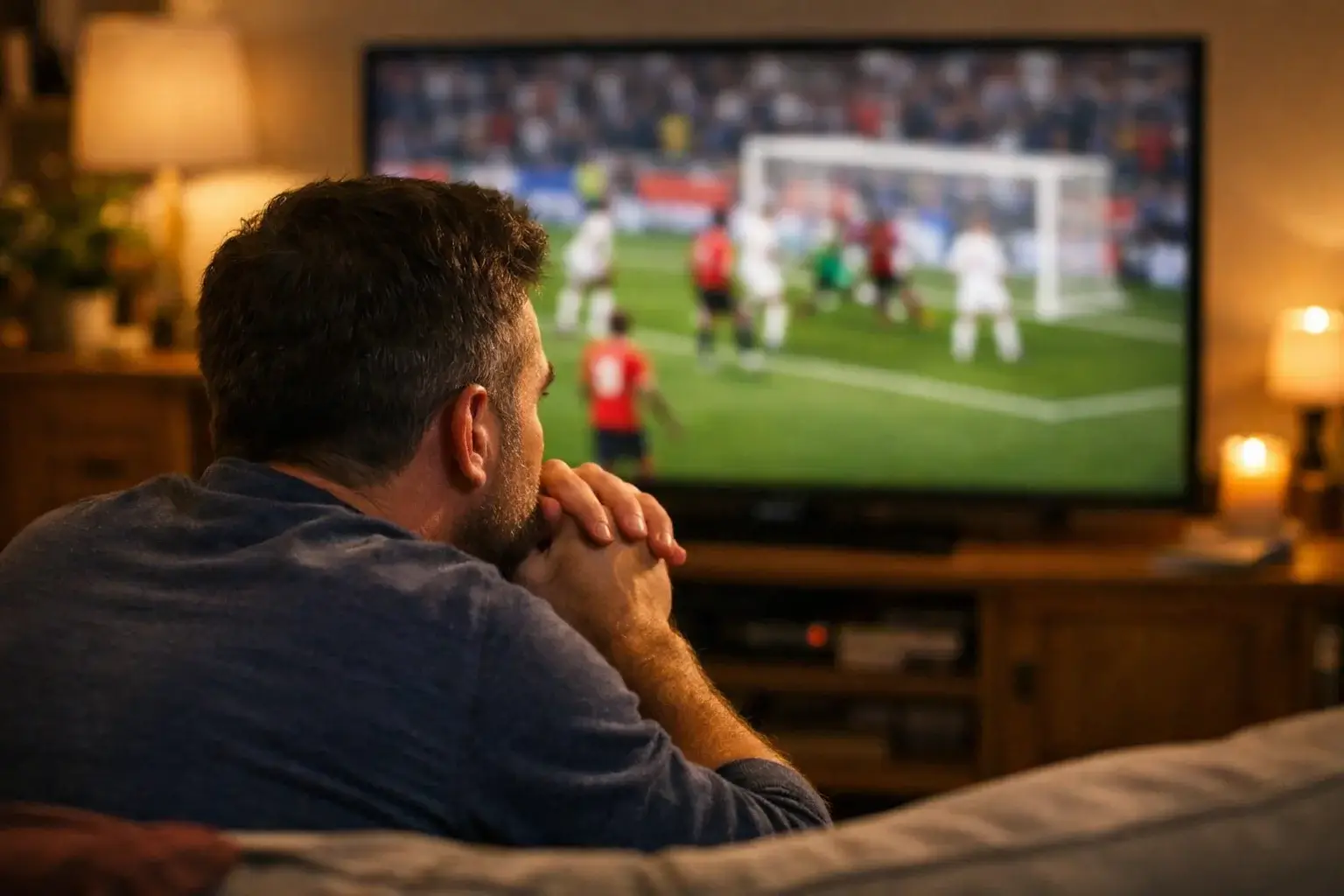 Aficionado viendo partido de fútbol en televisión con expresión tensa
