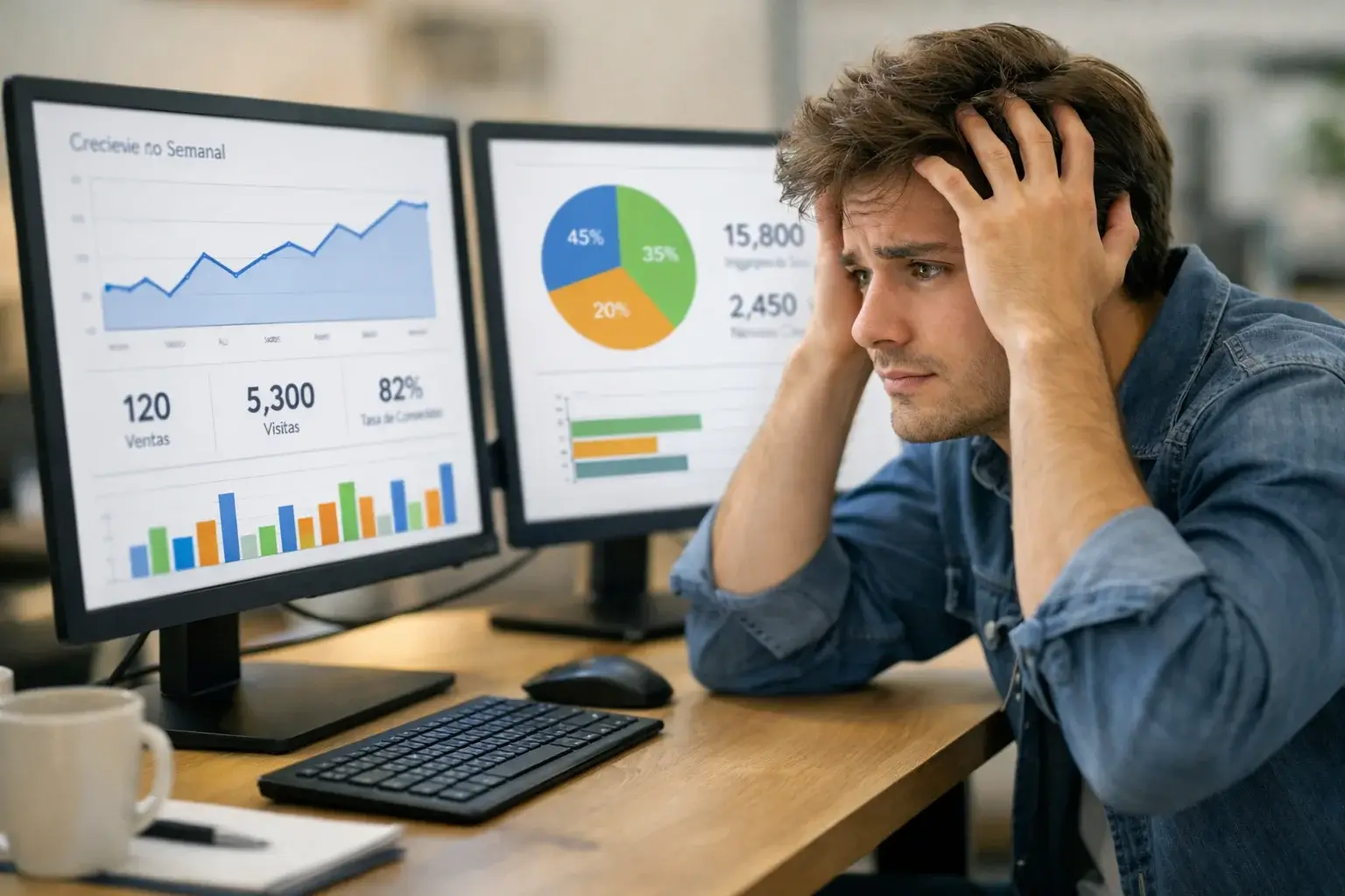 Joven principiante confundido mirando múltiples pantallas con datos deportivos