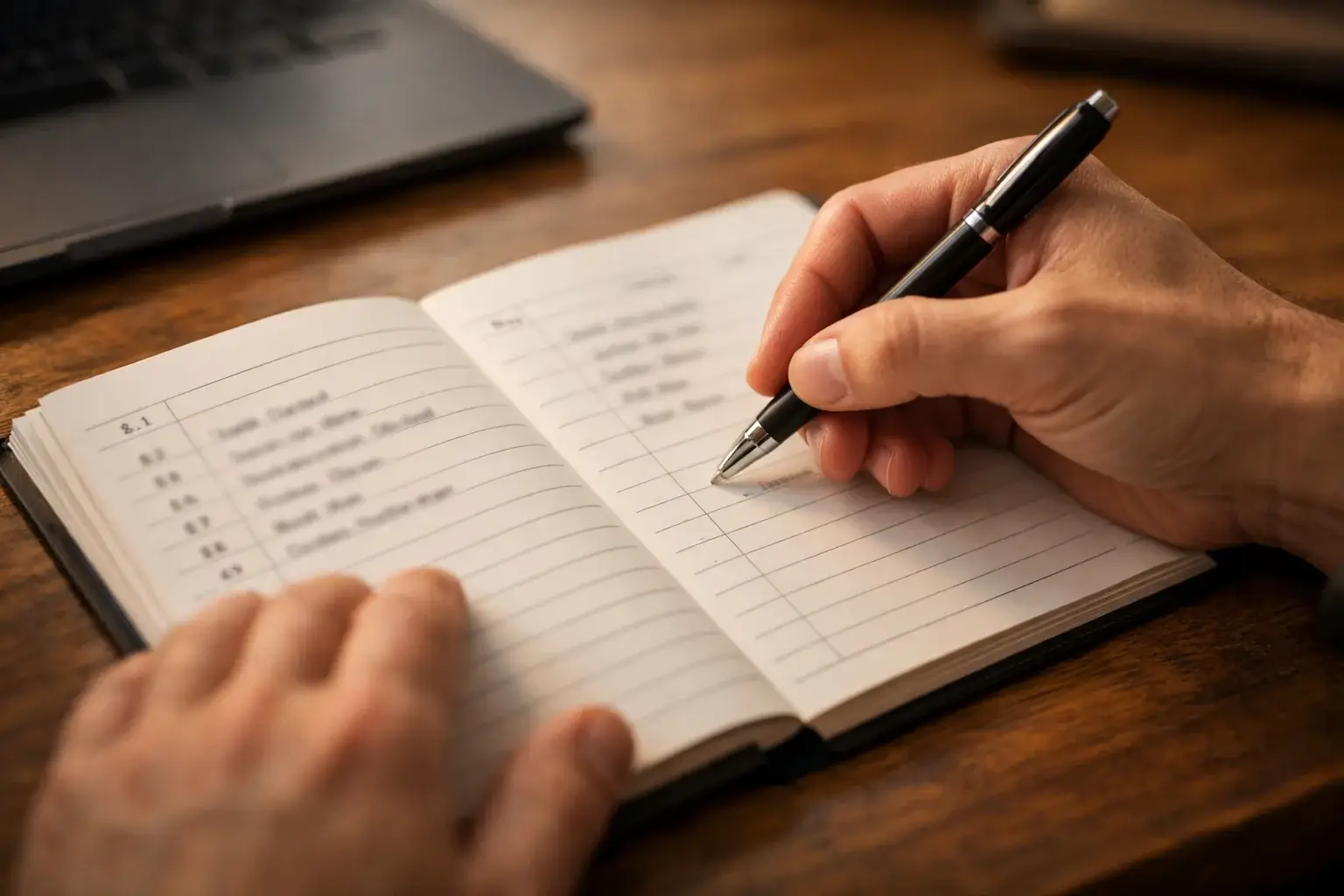 Persona escribiendo en diario de registro de apuestas con bolígrafo junto a laptop