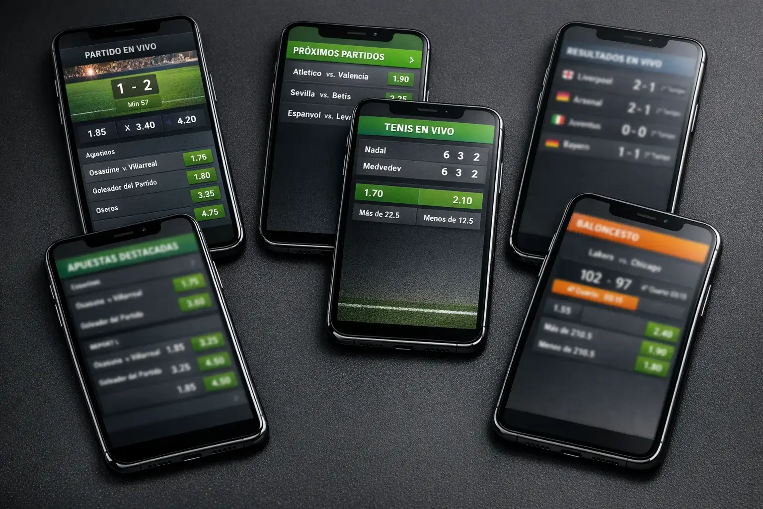 Múltiples smartphones mostrando diferentes aplicaciones de apuestas deportivas
