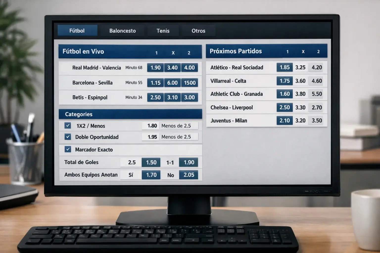 Pantalla de ordenador mostrando lista de mercados de apuestas en vivo