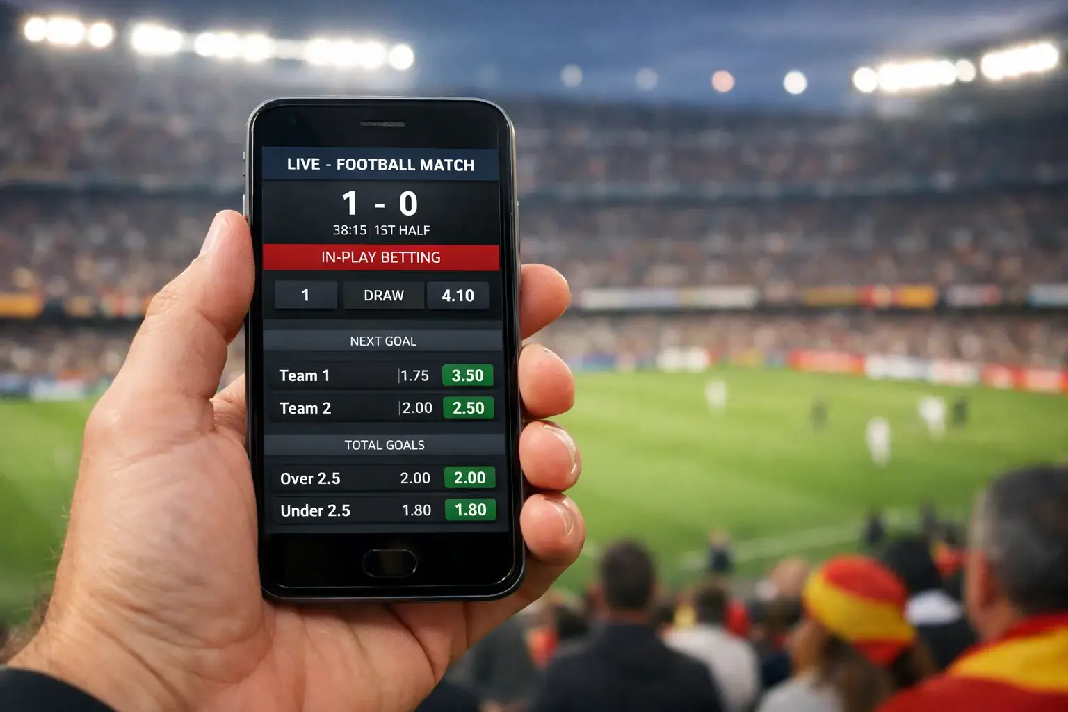 Mano sosteniendo smartphone con app de apuestas abierta en estadio de fútbol