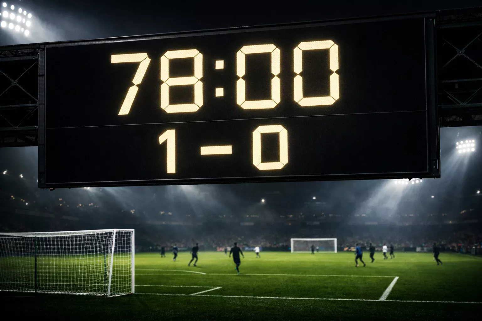 Reloj de estadio marcando los minutos finales de un partido de fútbol nocturno