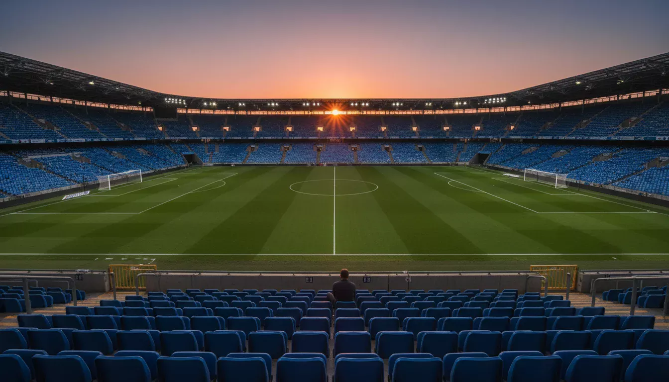 Persona reflexionando sola frente a un campo de fútbol vacío al atardecer