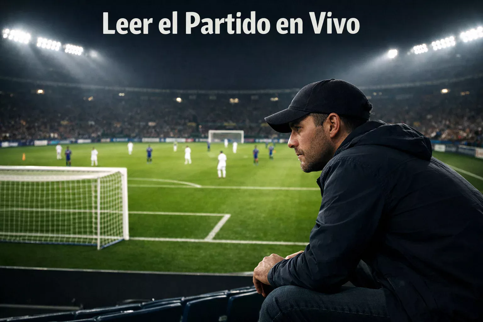 Espectador concentrado analizando un partido de fútbol en un estadio iluminado de noche