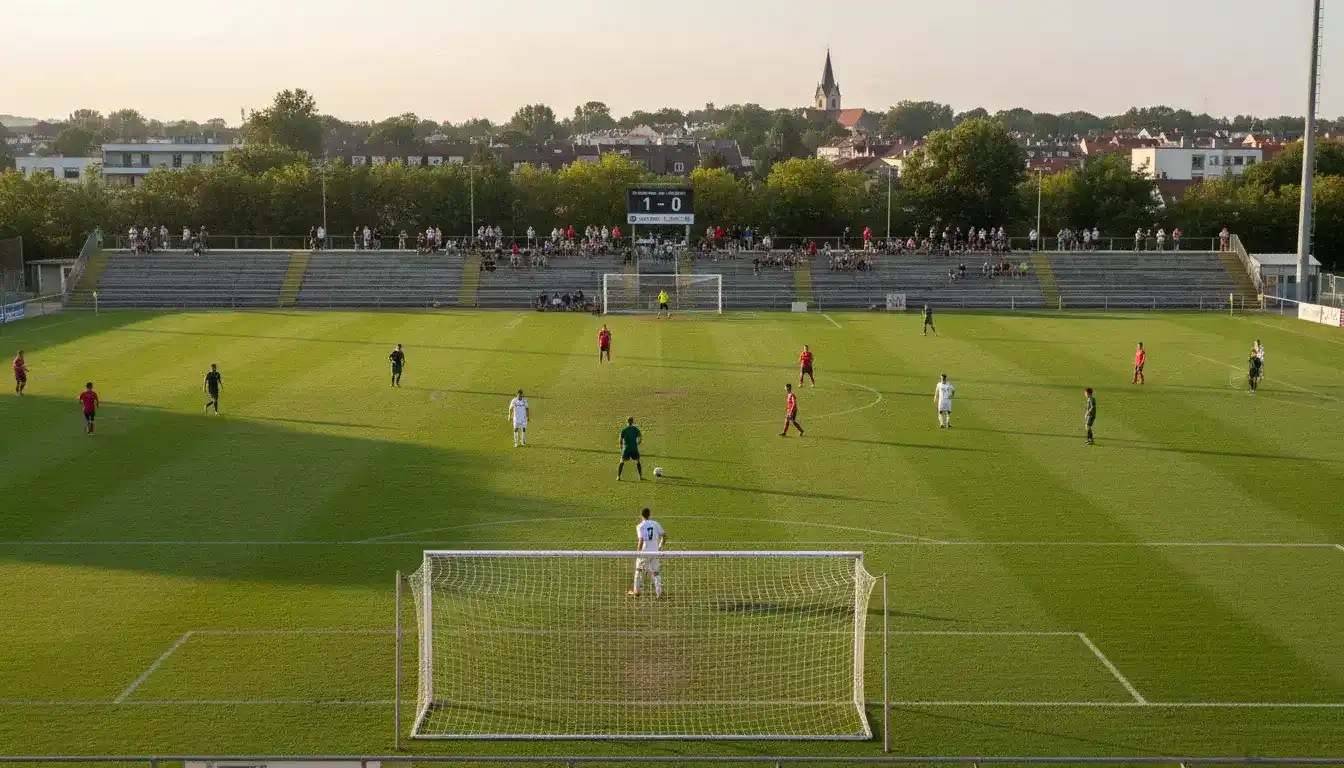 Partido de fútbol en un estadio pequeño de liga secundaria con gradas parcialmente llenas