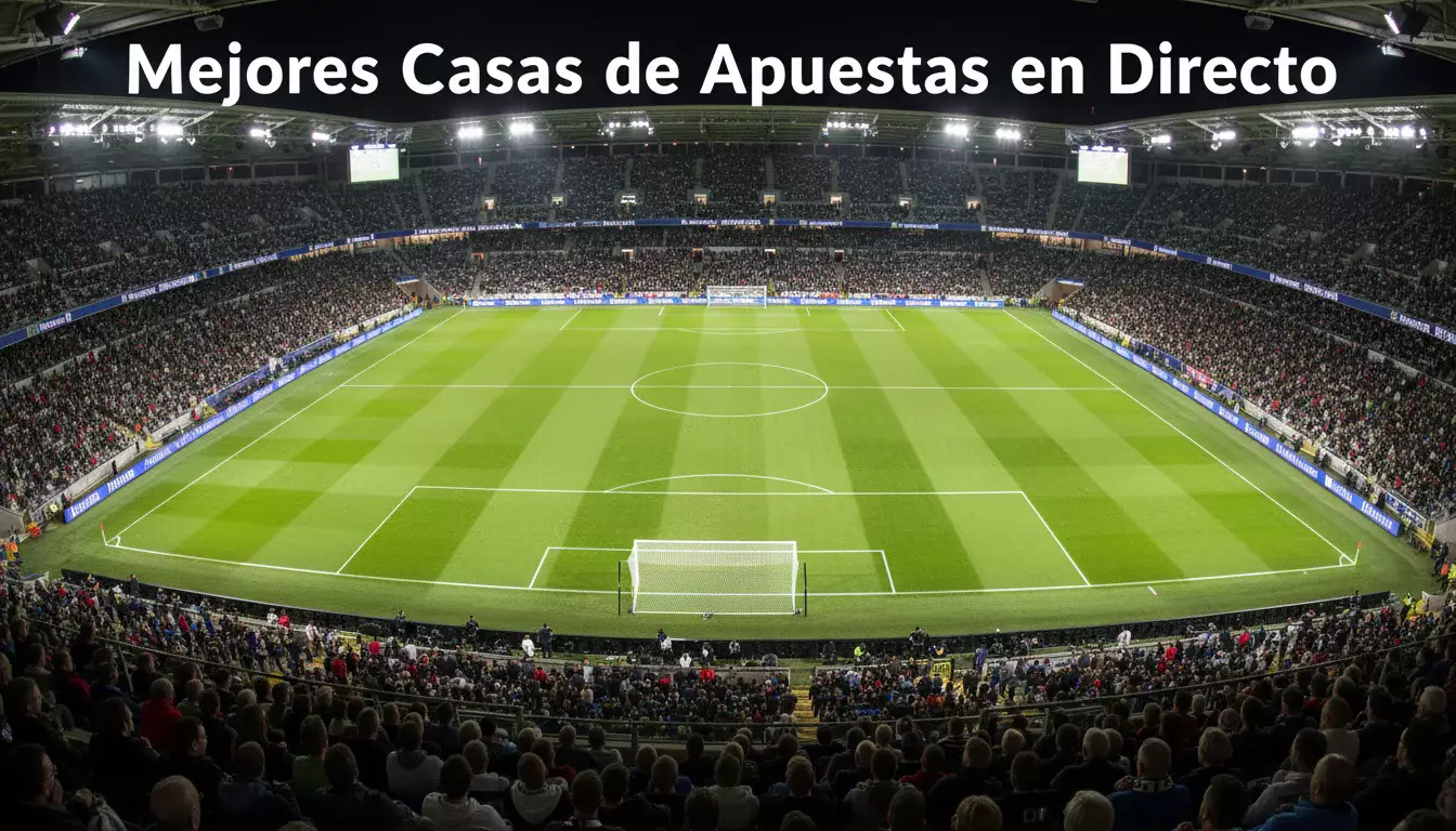 Panorámica de un estadio de fútbol moderno lleno de aficionados durante un partido nocturno con césped natural perfectamente iluminado