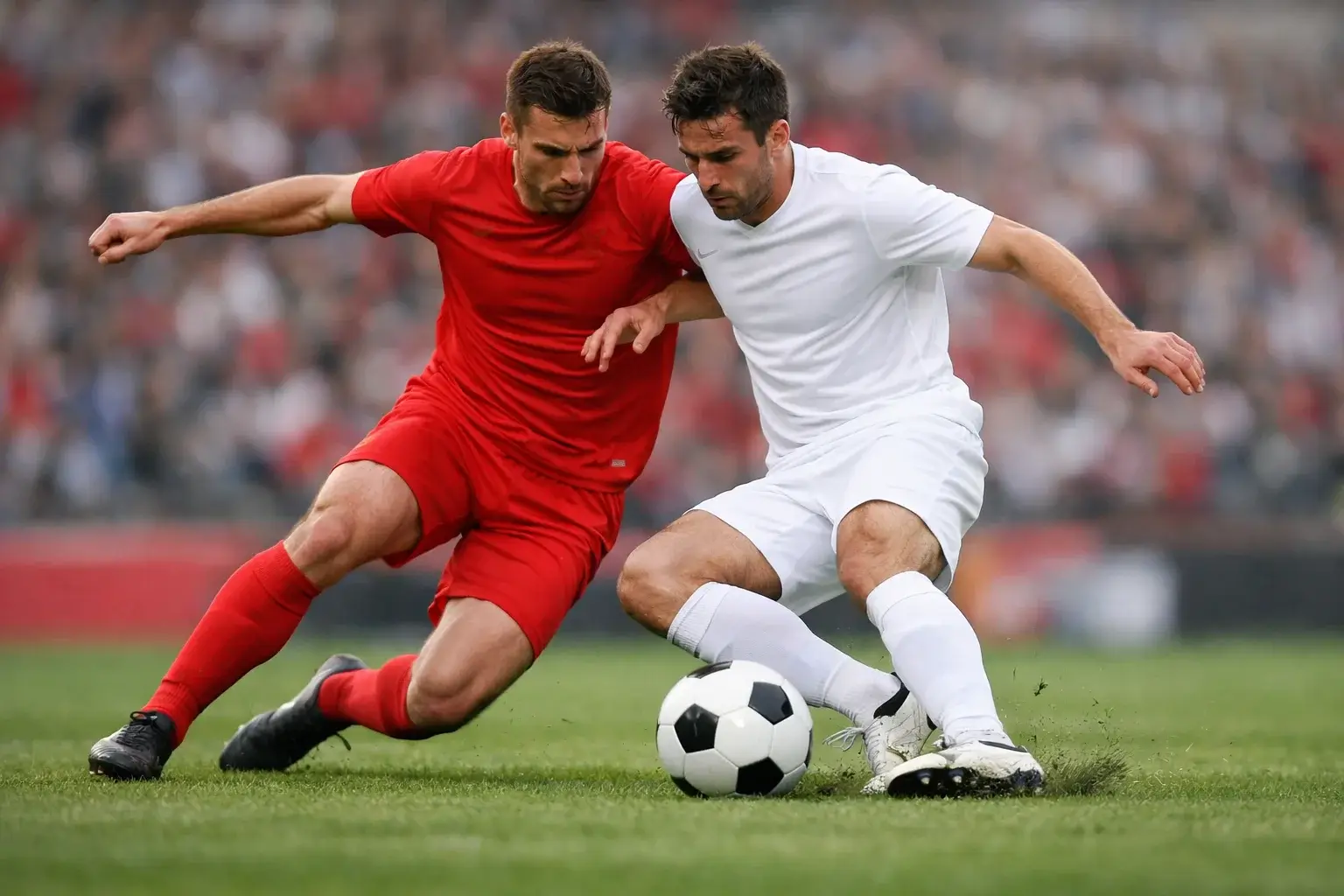 Jugadores de fútbol disputando un balón en césped natural durante un partido profesional