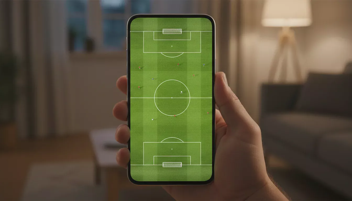 Mano sosteniendo un smartphone con un partido de fútbol en directo en la pantalla