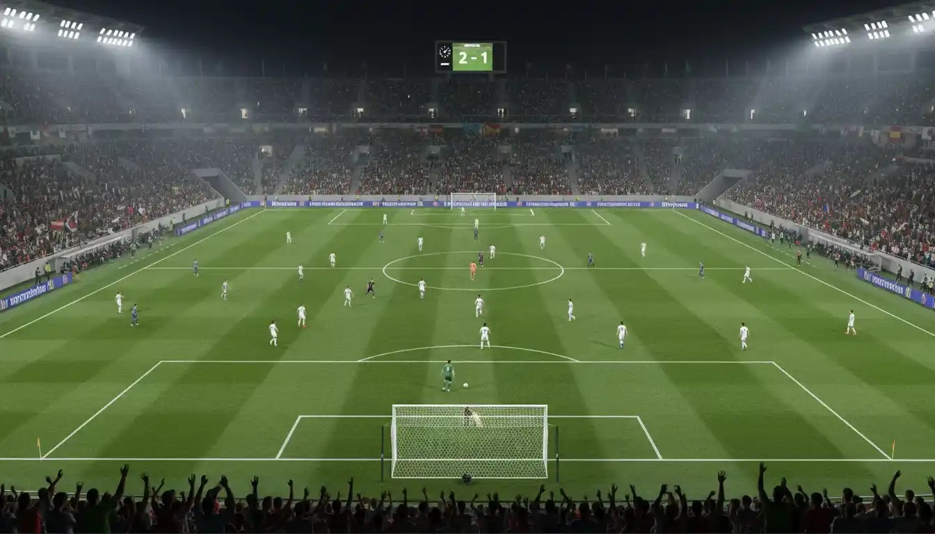 Estadio de fútbol lleno durante un partido nocturno del Mundial 2026 con iluminación intensa