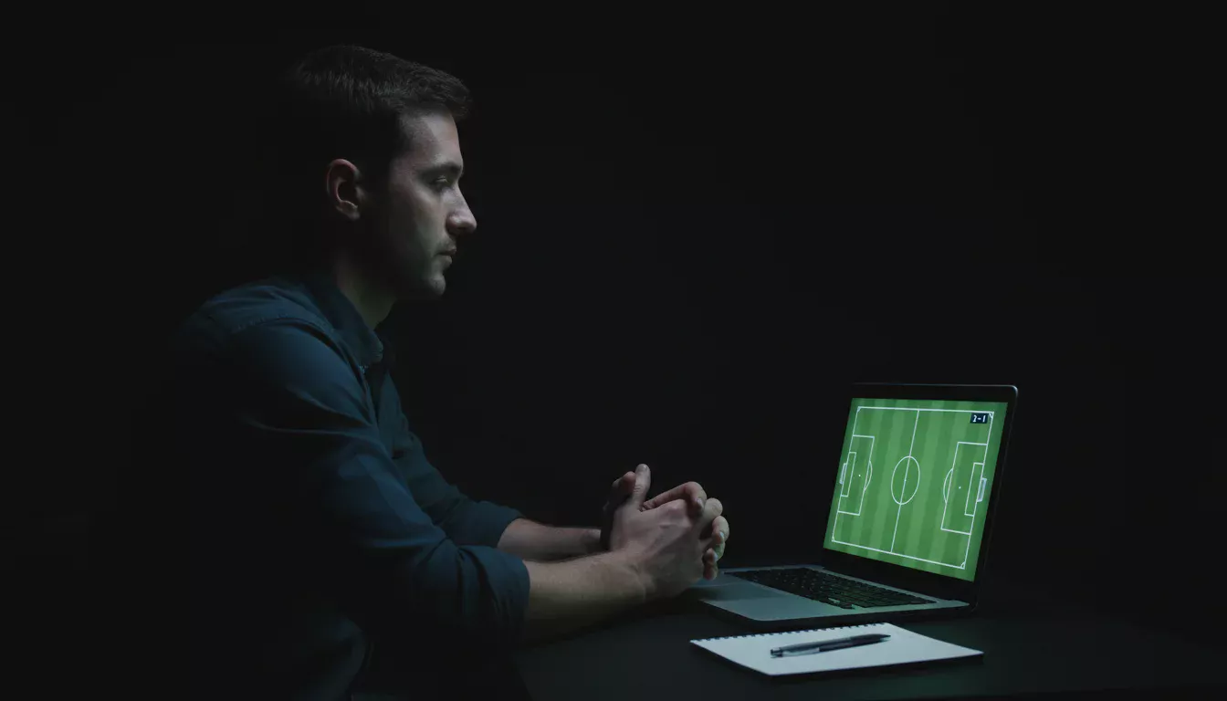 Hombre concentrado frente a una pantalla de apuestas en vivo con expresión analítica