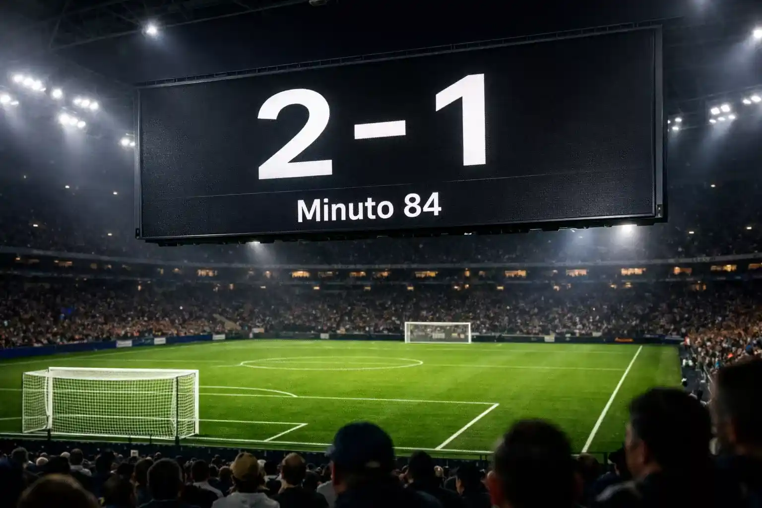 Marcador electrónico de un estadio de fútbol mostrando el resultado de un partido en directo