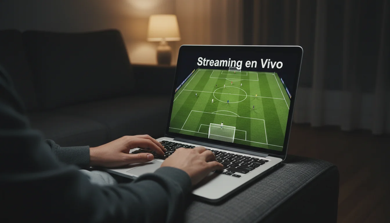 Persona viendo un partido de fútbol en streaming en la pantalla de un portátil con campo verde iluminado