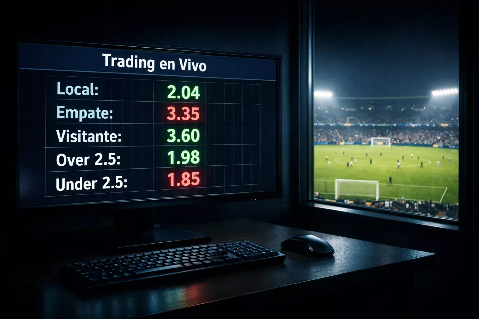 Pantalla de ordenador mostrando cuotas de apuestas en movimiento junto a un campo de fútbol iluminado de fondo